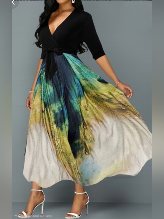 Source Unknown Dresses & Skirts - NWT Black & Blue Tie-Dye Maxi Dress - Elegant V-Neck With Self Sash Belt Size XL